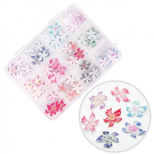 Molly Nails kasetka z ozdobami akrylowe kwiatki 3D mix kolorów 60szt -zdjęcie numer 1